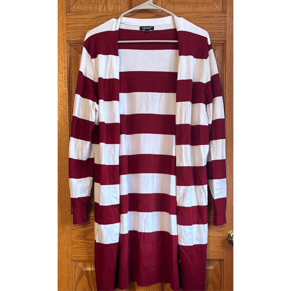 Women's CARDYDONY Striped Cardigan Sweater Size L Red White